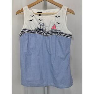 TALBOTS Embroidered Sailboat Tank Top Sleeveless Cotton Blue White Size XS